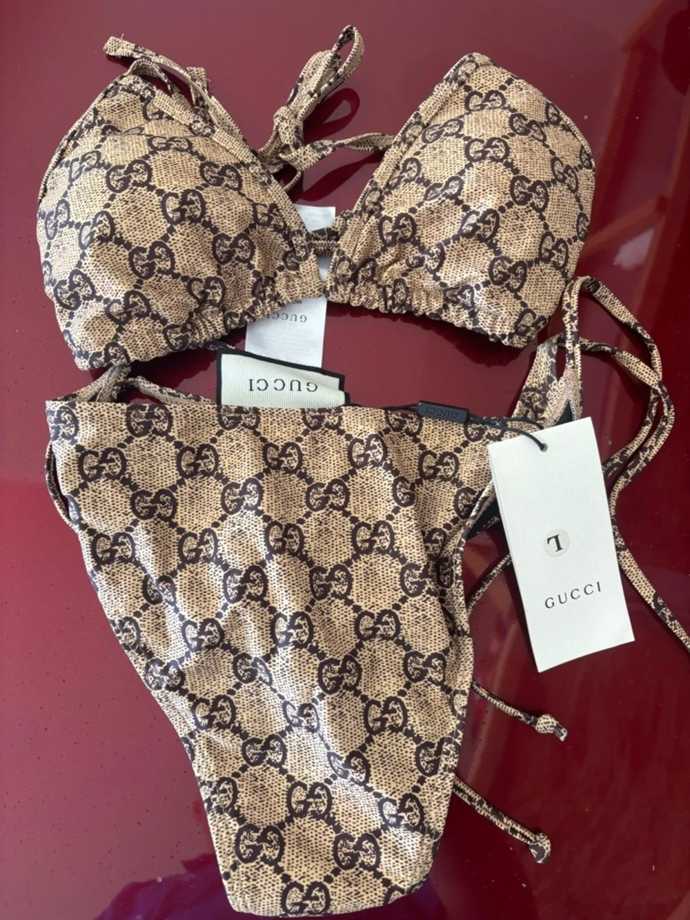 Gucci Brown Beige GG Logo Triangle Bikini - Picture 1 of 3